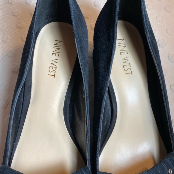 NINE WEST Black Suede Kiltie with Studs Block Mid Heel Slip-On Loafer - Picture 3 of 15